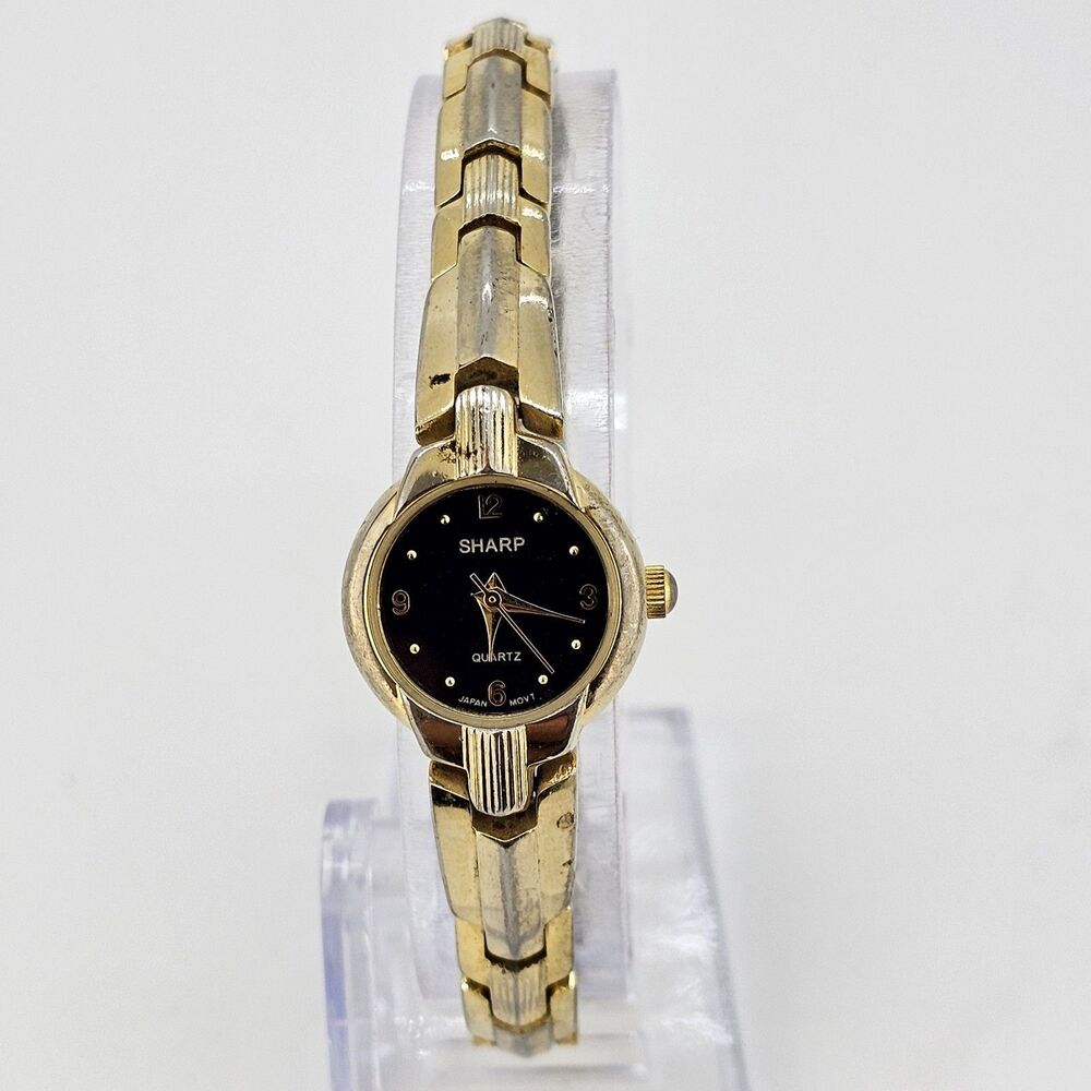 VTG Sharp Women's Watch 20mm Black Dial‎ Gold Tone Case Band 6.75" New Battery